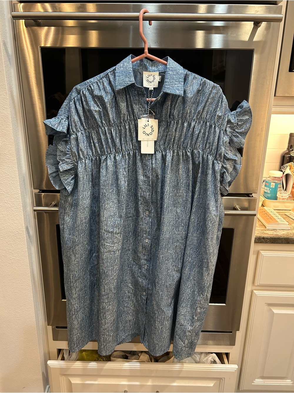 BNWT Lili Sidonio Ruffle-Sleeve Midi Shirt Dress size L